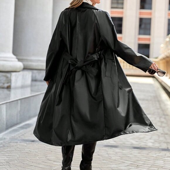 Black Casual Women's Lapel Neck Double Breasted Belted Pu Leather Coat - Picture 2 of 7